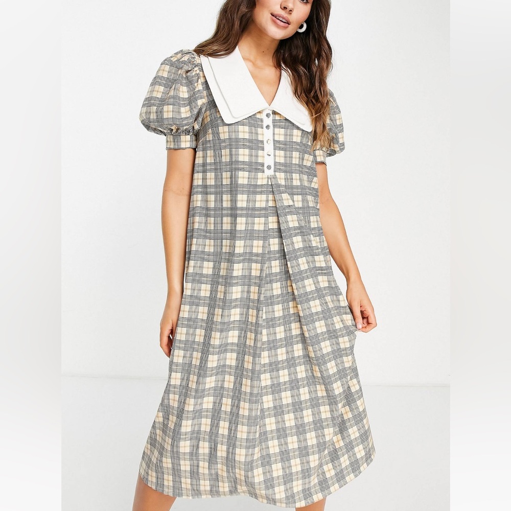 Lost Ink Contrast Collar Puff Sleeve Midi dress